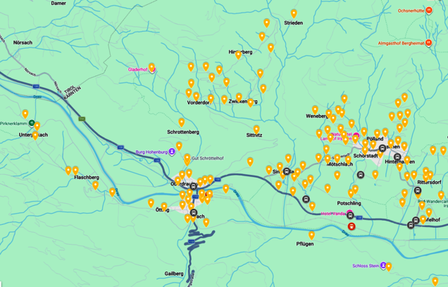 Auszug aus einer geografischen Karte mit den Postbus Shuttle Haltepunkten in der Gemeinde Oberdrauburg